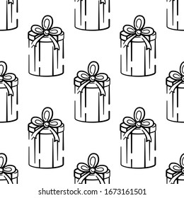 Gift box vector seamless pattern on white background. Black and white holiday background hand-drawn. Design for textile, wrapping, print.