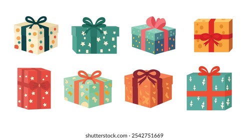 Conjunto de vetor de caixa de presente, ilustração de caixas de presente no estilo de design plano, clip-art da caixa de presente, clip-art das caixas de presente
