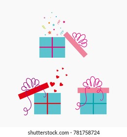 Gift box. Vector set of gift boxes. Box with bow and ribbon. Opened box. Box with surprise. Hearts. Gift. Package.
