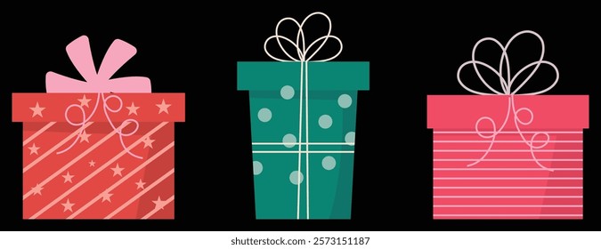 Gift box vector set icon. Set of decorative gift boxes isolated on black background. Holiday decoration.