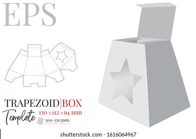 Gift Box Vector. Template With Die Cut / Laser Cut Lines. White, Clear, Blank, Isolated Trapezoid Gift Box Mock Up On White Background. Present Box With Star Laser Cutting. Packaging Design