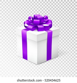 Gift box with violet ribbon isolated on transparent background. Vector illustration.