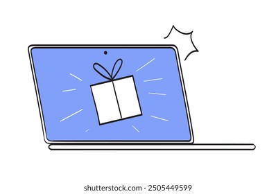 Gift box with voucher or coupon on laptop screen. Shopping discount certificate for customers concept. Vector illustration in simple doodle line or outline style for sale promotion campaign banner.