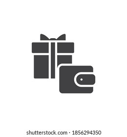 Icono de caja de regalo y vector de cartera. signo plano relleno para concepto móvil y diseño web. La promoción de compras ofrece un icono de glifo. Símbolo, ilustración del logotipo. Gráficos vectoriales