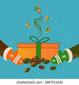 Geschenkbox in warmen Händen in Fingern. Konzeptionelle Winterzusammensetzung mit einer KaffeerÜberraschung für den Urlaub. Für Grußkarten, Flyer, Etiketten. Vektorgrafik-dekoratives Flachdesign auf blauem Hintergrund.