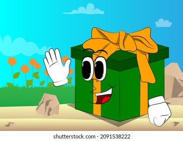 Gift Box with with waving hand as a cartoon character. Holiday, Celebration surprise with happy face emotion.
