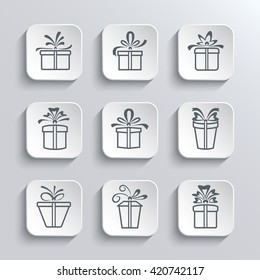 Gift Box Web Icons Set Holiday Presents - Vector White App Buttons Design Element With Shadow. Trendy Design Template