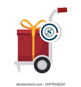 Geschenkbox in der Schubkarre mit Symbol-Dollar in verbotenem Vektorillustration-Design