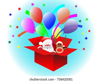 gift box which has Santa Claus with Reindeer inside vector illustration 
