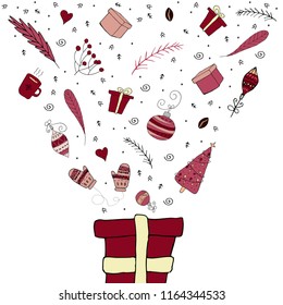 A gift box, from which many New Year's things fly out. Christmas concept. Vector.