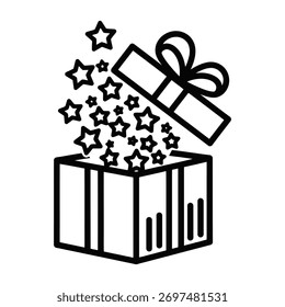 Caja de regalo de fondo blanco abierto presente con estrellas mágicas 