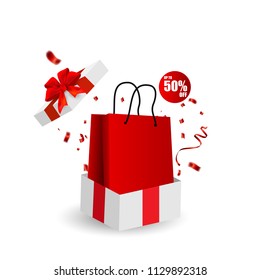 gift box white bag banner design red bow and confetti. White balloons, celebration background. Christmas and New Year's Day. vector EPS10