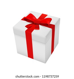 Gift box in white color with red ribbon and bow on a white background. 3d packaging for black friday, christmas, new year sales. Marketing visualization. Top view pack. Vector illustration.