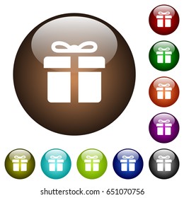 Gift box white icons on round color glass buttons