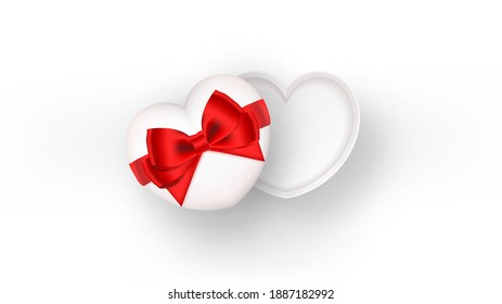 Caja de regalo. Caja de regalo blanca con forma de corazón abierto decorada con una cinta de arco rojo aislada sobre fondo blanco. Amor, Día de San Valentín, Cumpleaños, Navidad, Aniversario. Sorpresa. Vista superior.Ilustración vectorial.