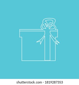 Gift Box white outline on blue color background. Holiday Christmas gift box. Present box icon. Xmas present. Flat style.