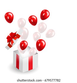 gift box white red bow and confetti. Red White balloons, celebration background. Christmas and New Year's Day. vector EPS10