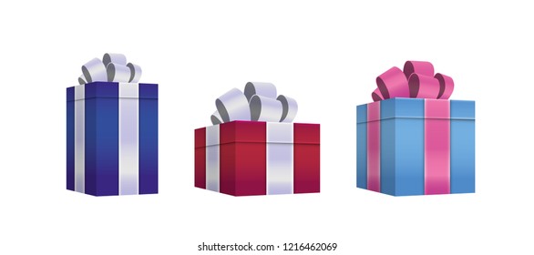 Gift box with white ribbon bow, vector 3d illustration set