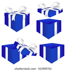 Gift Box with white Ribbon bow. Blue gift box for men. Vector illustration isolated on white background