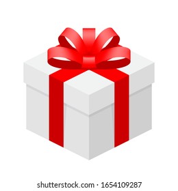 gift box white with ribbon red isolated on white, white square box and red ribbon bow, cardboard gift box for icon, paper white box package for clip art