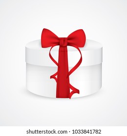 Gift box of white square with red ribbon and bow isolated on white background