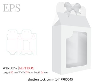 Gift Box with Window Template, vector with die cut / laser cut lines. White, clear, blank, isolated Present Box mock up on white background with perspective view. Packaging Design
