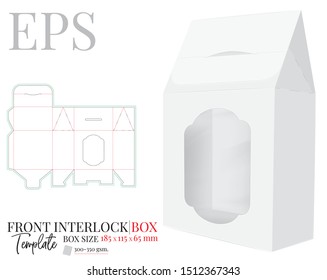 Gift Box with window, vector, template with die cut / laser cut lines. White, clear, blank, isolated Gift Box mock up on white background with perspective view. Front interlock Box with window