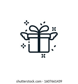 Gift box with wing outline icons. Vector illustration. Editable stroke. Isolated icon suitable for web, infographics, interface and apps.