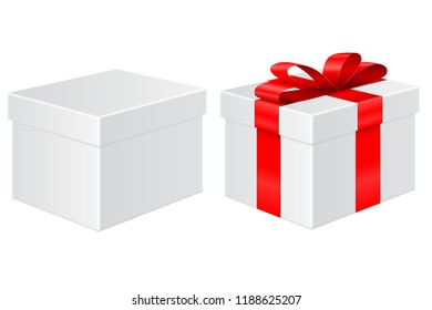 Gift Box, Without And With Red Ribbon. Vector 3d Illustration Isoalted On White Background