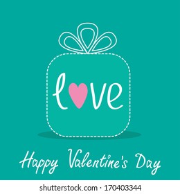 Gift box with word love. Dash line. Flat design. Happy Valentines Day card.  Vector illustration.