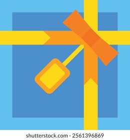 Gift box wrapped in blue paper with an orange ribbon and a yellow tag attached, representing a present for a birthday, holiday, or other special event