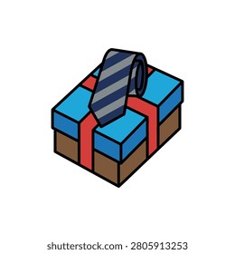 A gift box wrapped with blue paper and a red ribbon, with a necktie on top.