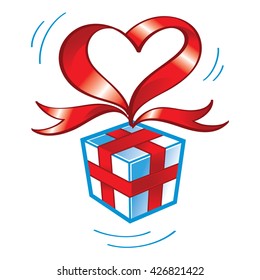Gift box wrapped by red heartshaped ribbon