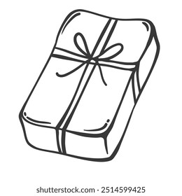 Geschenkbox mit Kunsthandwerkspapier und String-Bogen-Linie-Symbol verpackt. Umriss rechteckige Tasche mit Seilbogen Dekoration. Geburtstagsgeschenk, Weihnachtsmaskottchen, handgezeichnet, niedliches Geschenkpaket, Vektorgrafik