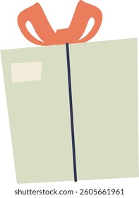 A gift box wrapped with a large ribbon in a simple, flat art style. The present is adorned with diagonal stripes and a prominent bow on top. Cartoon vector illustration.