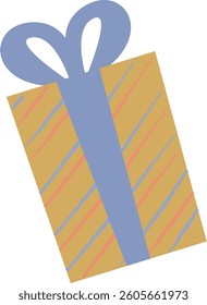 A gift box wrapped with a large ribbon in a simple, flat art style. The present is adorned with diagonal stripes and a prominent bow on top. Cartoon vector illustration.