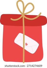 Caja de regalo envuelta con cinta y lazo, con una etiqueta de sobre de amor en dibujo de dibujos animados limpios. Símbolo de romance, sorpresa, celebración y regalar para el saludo navideño. Ilustración vectorial de dibujos animados.