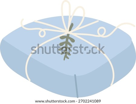 A gift box wrapped in twine with a leaf accent in a flat style. The present is elegantly tied with string and adorned with a botanical element. Cartoon vector illustration.