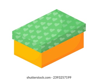 Gift box in wrapping papper. Green and yellow surprise. Present to holiday and festival. Valentines Day and birthday. Poster or banner. Cartoon flat vector illustration isolated on white background
