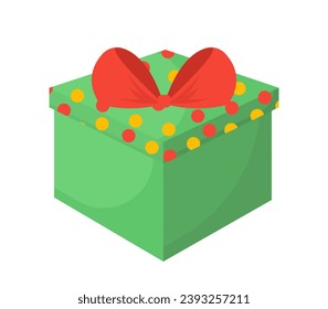 Gift box in wrapping papper. Green surprise with red bow. Present to holiday and festival. Christmas and New Year. Template and layout. Cartoon flat vector illustration isolated on white background