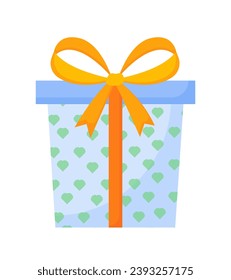 Gift box in wrapping papper. White surprise with yellow bow. Present to holiday and festival. Sticker for social networks and messengers. Cartoon flat vector illustration isolated on white background
