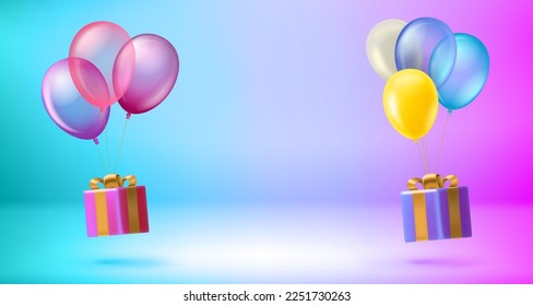 Gift box with yellow and blue air ballons. 3d vector banner with holographic background and copy space