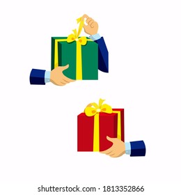 Gift box  with yellow ribbon in hands. Vector illustration