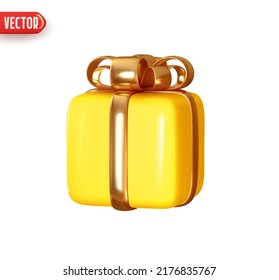 Gift box. Yellow Square gift surprise. Decor for birthday, Christmas and new year. Realistic 3d design In plastic cartoon style. Icon isolated on white background. Vector illustration