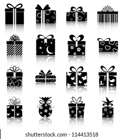 Gift boxes - 16 icons/ silhouettes of gift boxes.