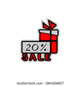 Gift boxes and 20 percent discount label. Hand-drawn collection. Vector illustration.