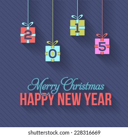 Gift Boxes 2015 Happy New Year Hanging Badge on Dark Blue Wallpaper, Christmas Background 