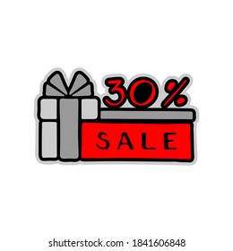 Gift boxes and 30 percent discount label. Hand-drawn collection. Vector illustration.