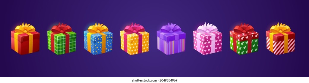 Gift boxes 3d birthday presents in colorful wrapping paper and bows. Bonus, award, Christmas, Valentine or boxing day, New Year celebration isolated objects, design elements, Cartoon vector icons set