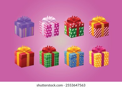 Gift boxes 3d birthday presents in paper and bows